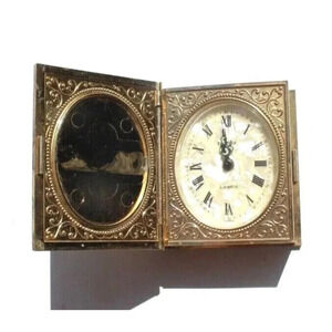 Vtg Europa Germany 2 Jewel Wind Up Book Alarm Clock W/ Photo Holders Working